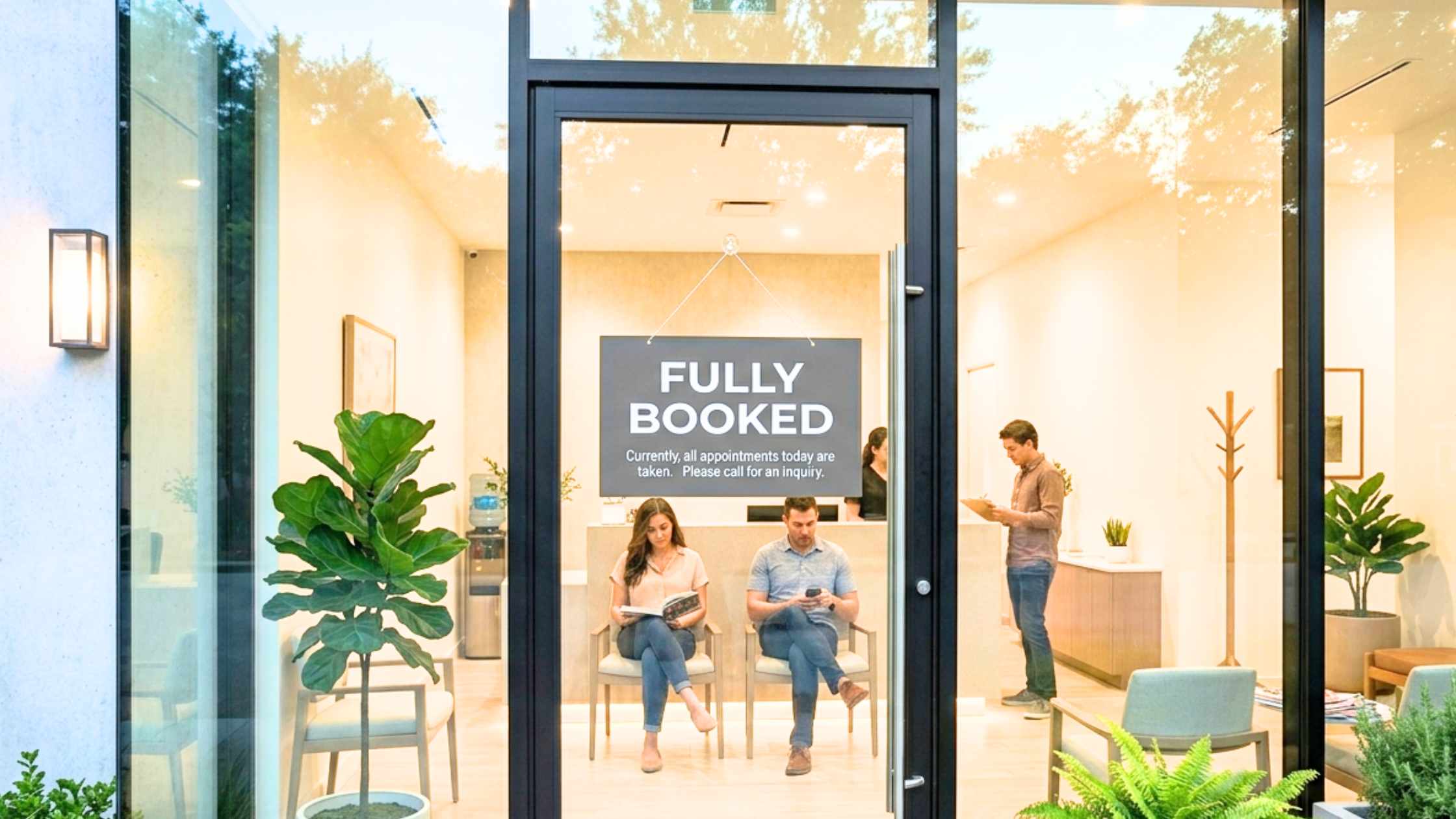 Dental practice waiting room with a 'Fully Booked' sign on the door